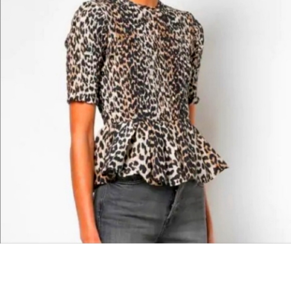 GANNI Animal Print Silk & Cotton Peplum Top